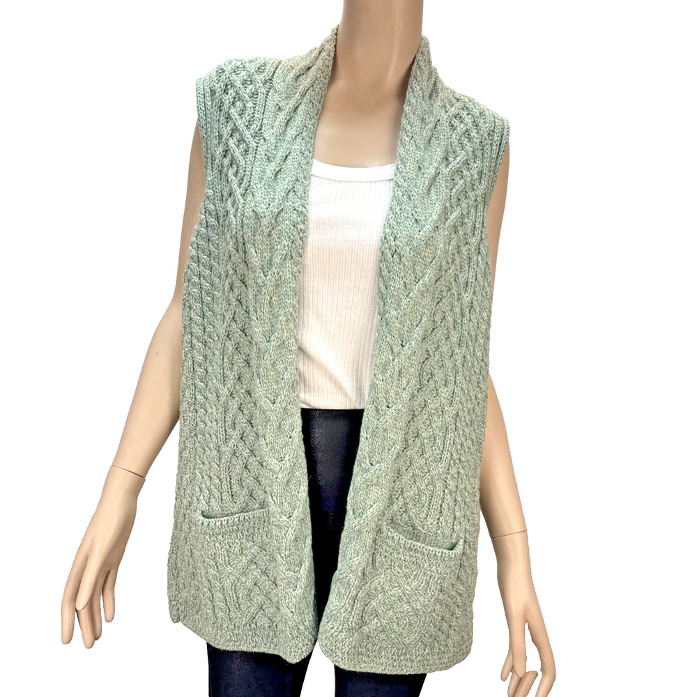 Kilronan‎ Knitwear Open Front Cable Vest Size M Mint Green Merino Wool Ireland